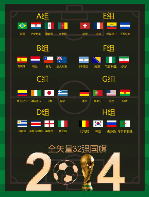 巴西世界杯32强国旗