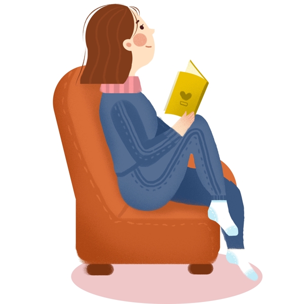 温馨坐在沙发上看书的女孩可商用元素