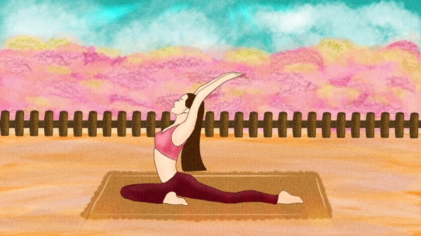 健身户外瑜珈卡通人物暖色系风景手绘插画