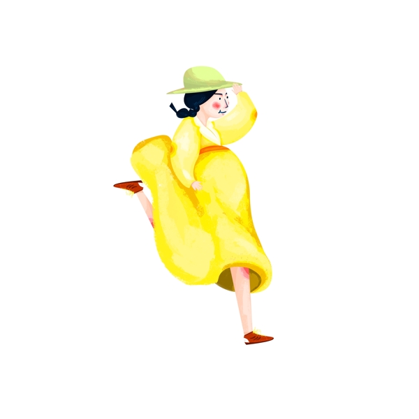 原创彩绘黄裙子女孩元素设计