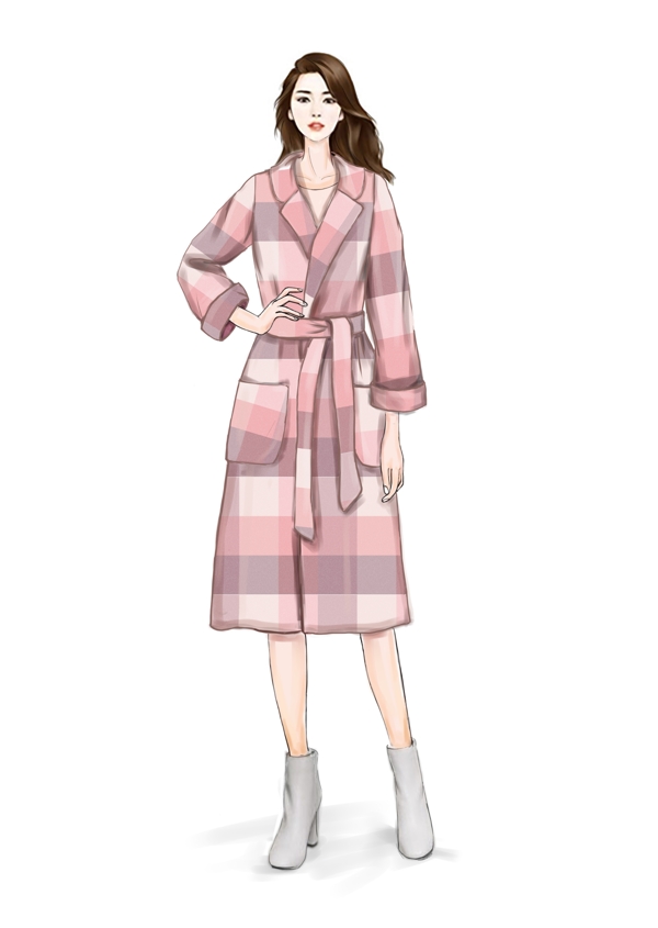 时装画服装设计粉色格纹大衣