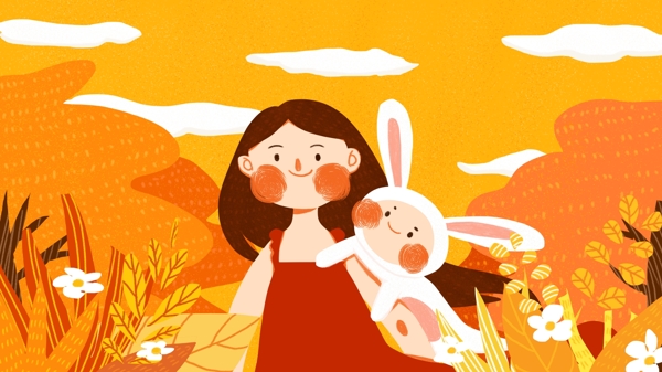 秋天你好少女兔子奇遇探险可爱原创插画