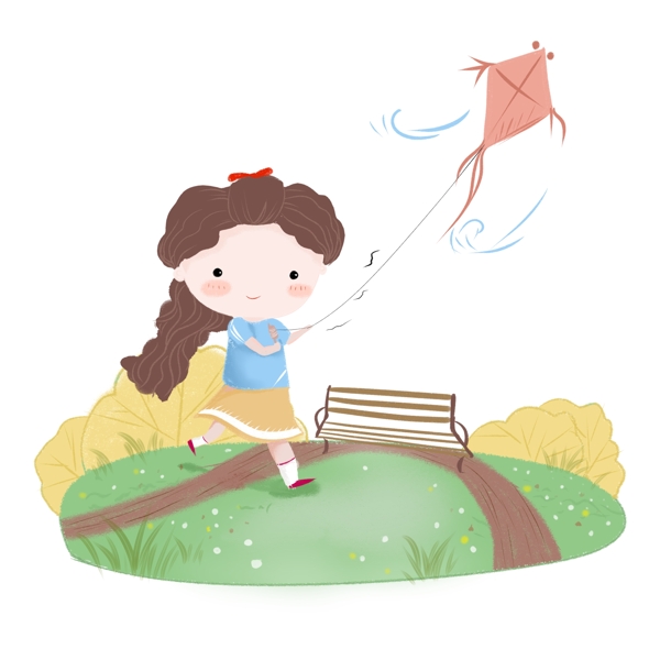 手繪放風(fēng)箏的少女免摳元素