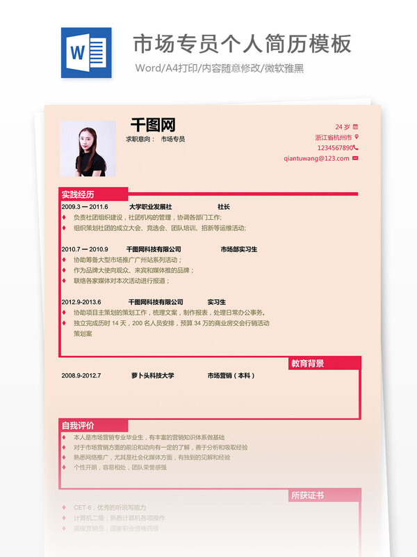市場專員個人簡歷模板