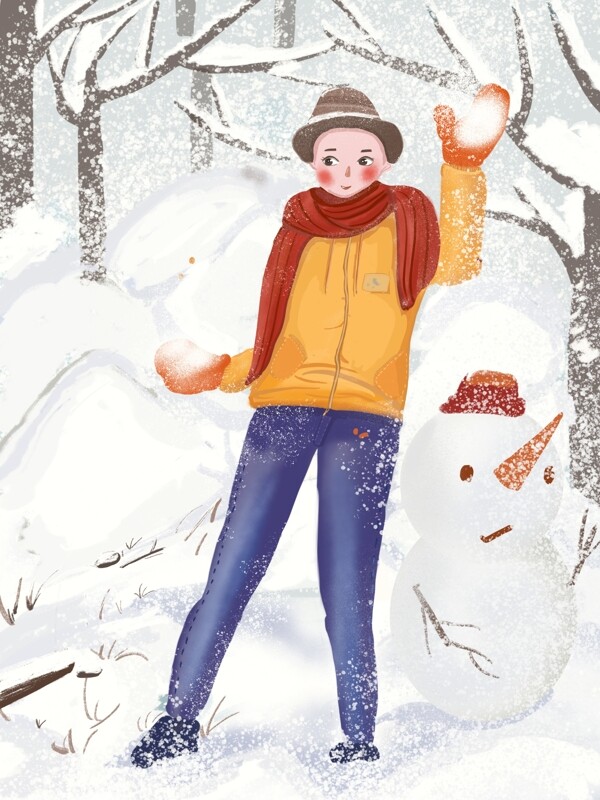 原创插画冬天你好打雪仗堆雪人