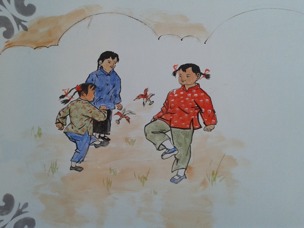 中国传统游戏踢毽子绘画