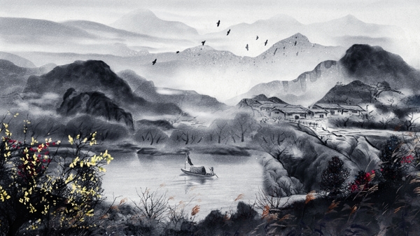 唯美复古中国水墨画风景画中国水墨插画