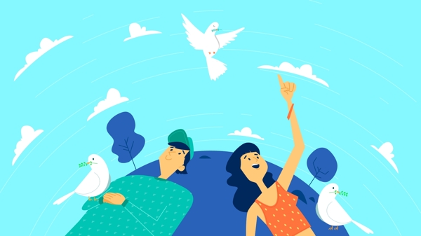 世界和平日一对情侣与和平鸽矢量插画