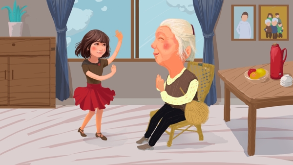 关爱老人插画壁纸爱心老年女孩给奶奶跳舞