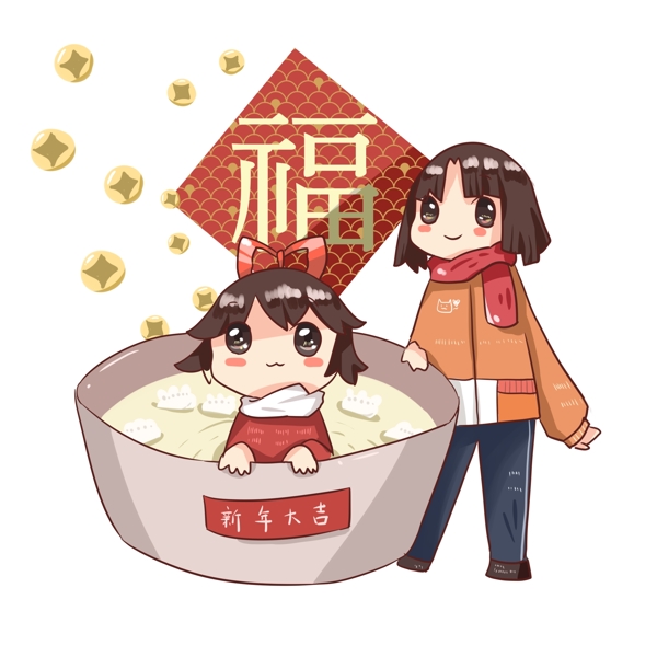 女孩吃饺子迎新春