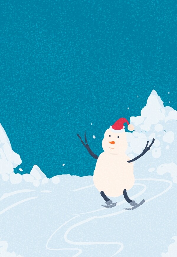 手绘小清新冬季下雪天雪地上雪人背景