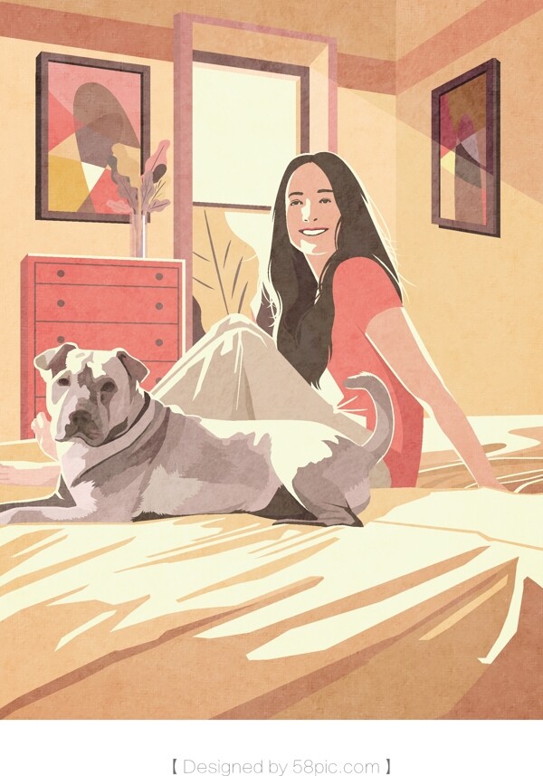 早晨阳光少女与宠物中世纪现代主义插画