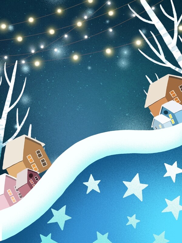 蓝色卡通冬季房屋手绘插画背景