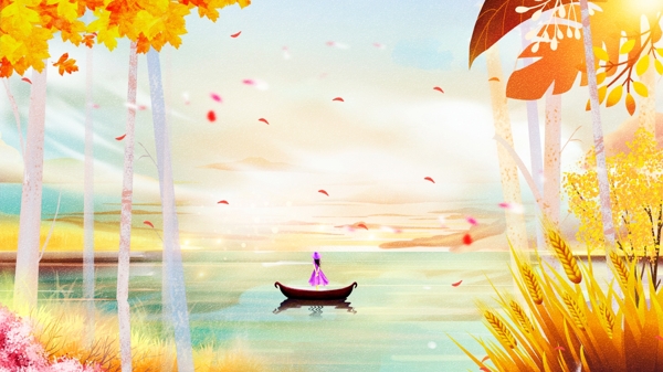 原创手绘插画秋天风景女孩坐坐船欣赏美景