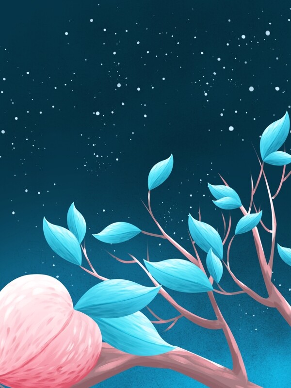 手绘星空下的桃子树枝背景设计