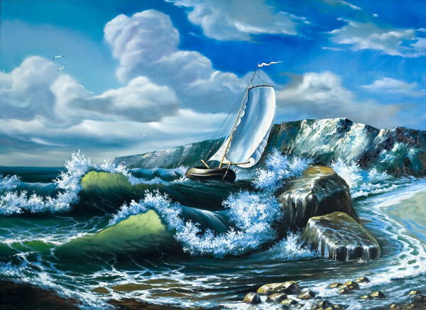 汹涌的海浪和帆船油画图片