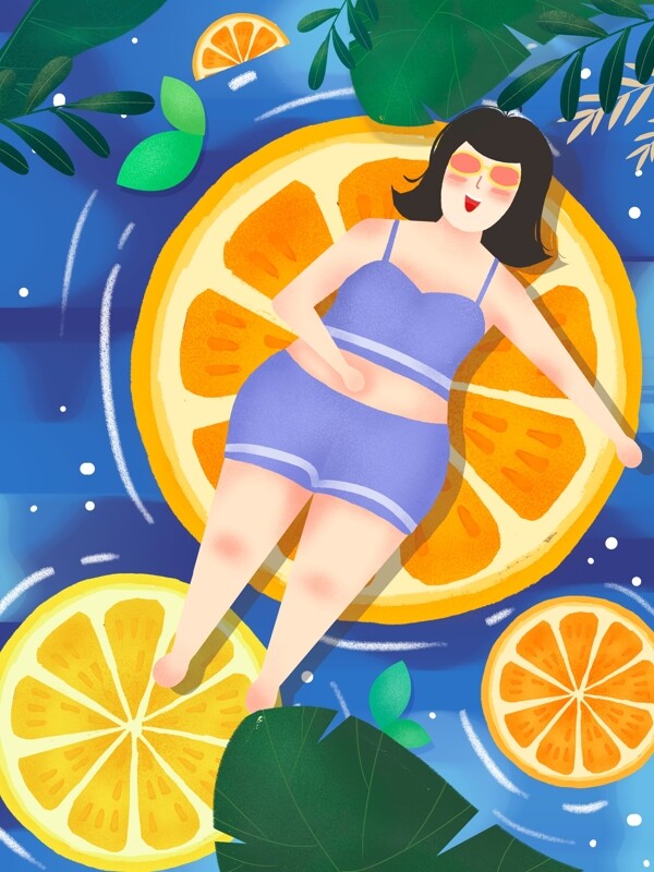 水果橙子创意插画胖女孩植物