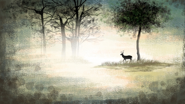 手绘复古肌理森林与麋鹿插画