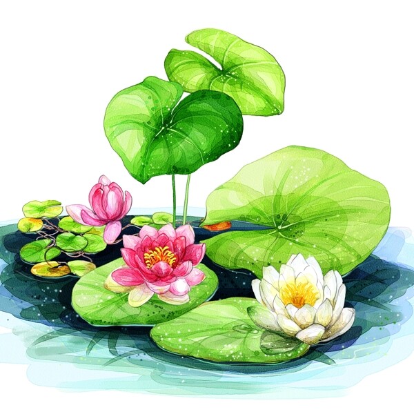 夏日荷葉水彩