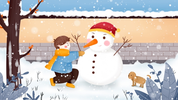 冬日唯美雪景小孩堆雪人插画