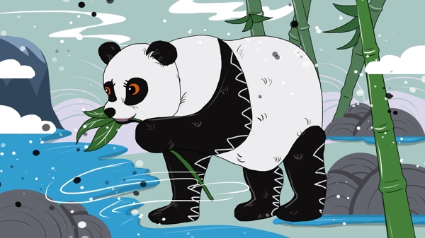 黑白可爱大熊猫吃竹子治愈系插画