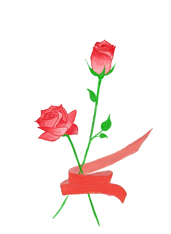 手绘红色玫瑰花红色彩带元素