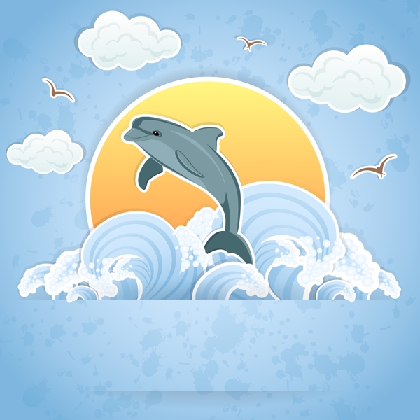 海浪里的海豚插画