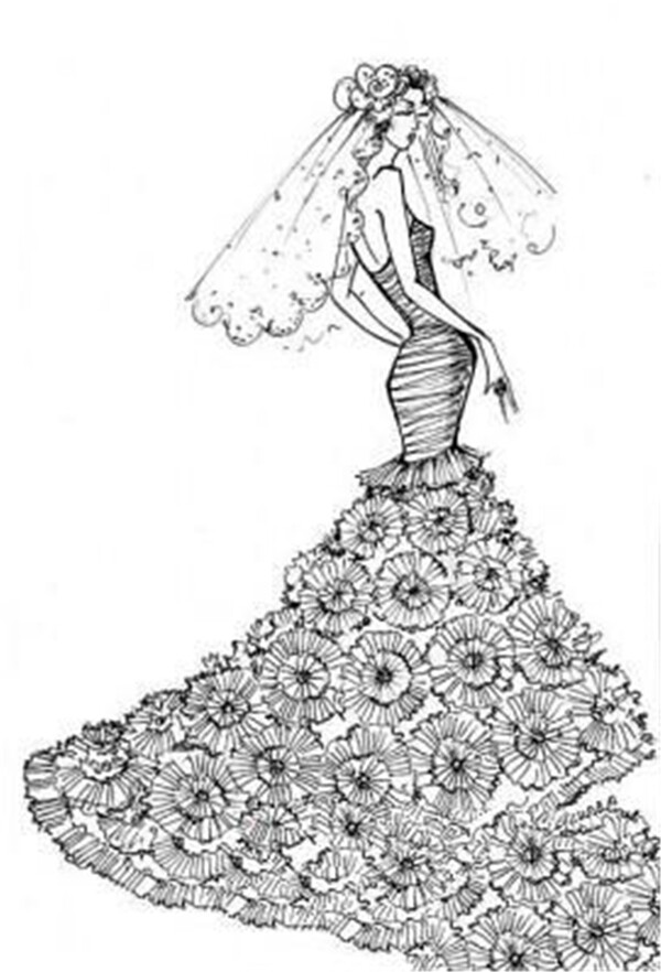 花朵长裙设计线稿图