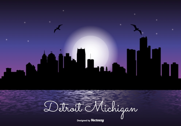 底特律密歇根夜晚的天际线图