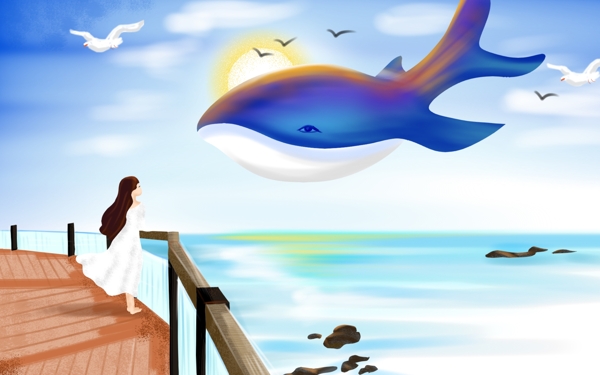 手绘插画女孩与鲸的故事