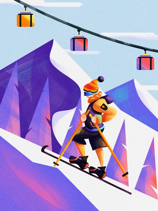 冬季滑雪运动登山渐变插画矢量插画噪点插画