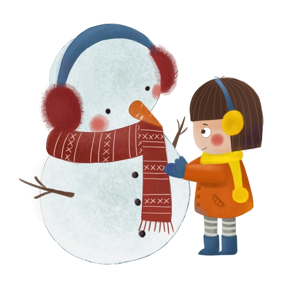 卡通手繪堆雪人的女孩