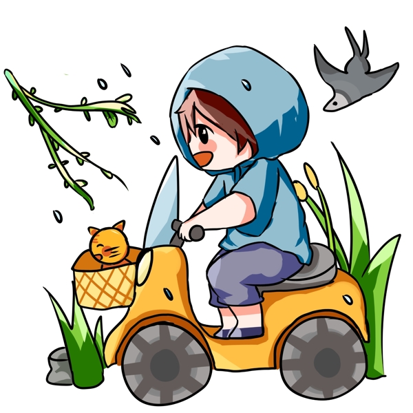 立春人物和摩托插畫