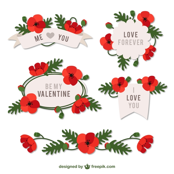 5款情人节红色花卉标签矢量图
