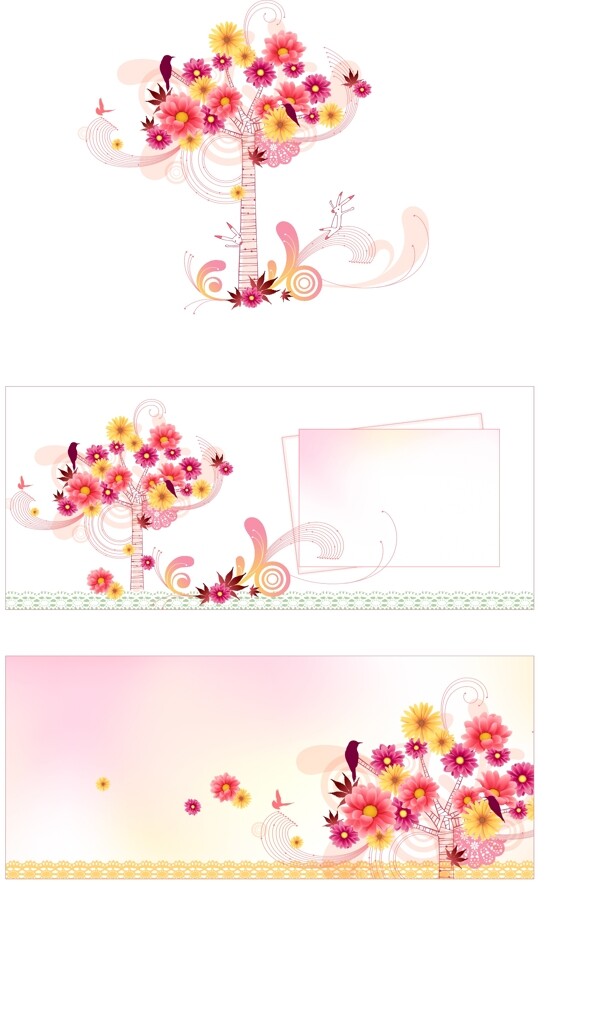 彩繪花樹兔子小鳥背景矢量素材