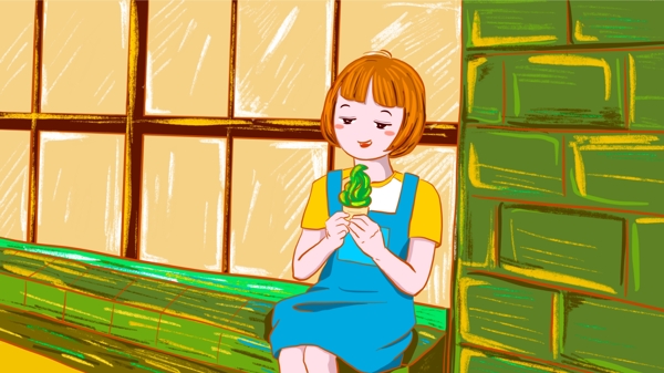 原創(chuàng)夏天吃冰淇淋的女孩清新插畫