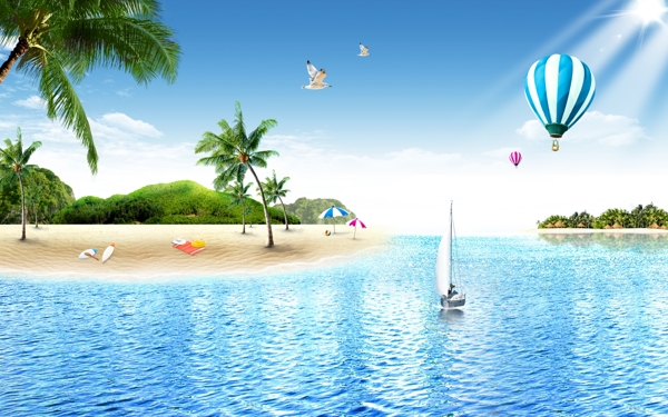 海景椰子树热气球帆船