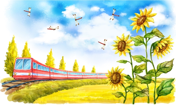 飞驰的列车和向日葵图画素材