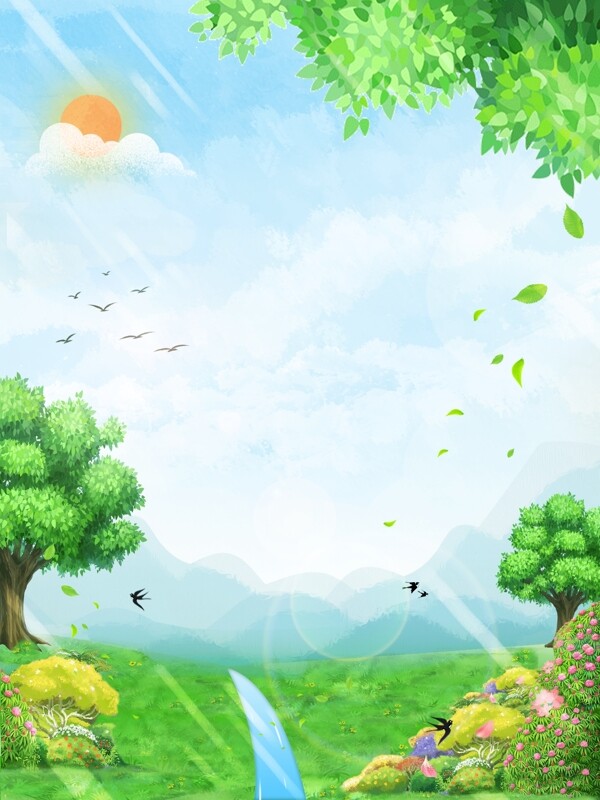 卡通手繪綠色植物風(fēng)景插畫背景