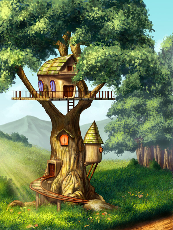 卡通树木房子插画图片