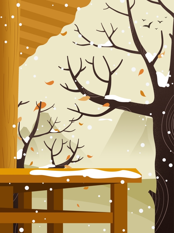 枯树雪景手绘插画风背景