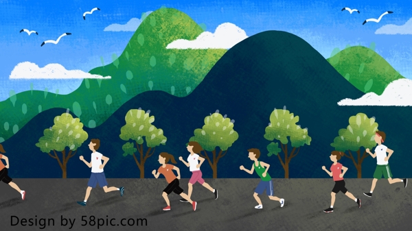 全民健身日大家来跑步原创手绘插画
