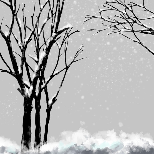 冬季积雪暗色树丛树林树枝寒冷手绘免抠