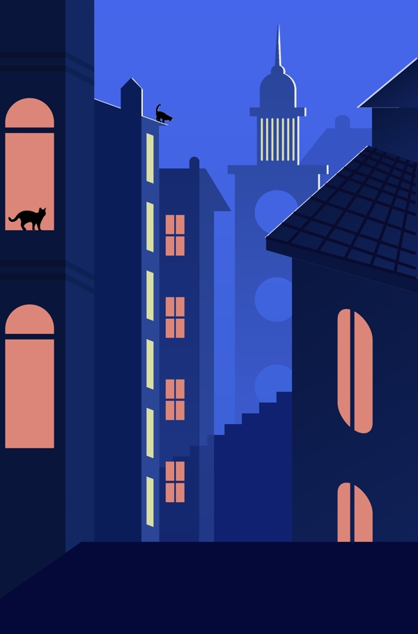 午夜城市扁平化插画背景设计