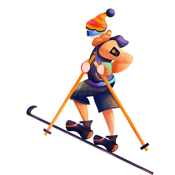 创意手绘冬季滑雪的少年