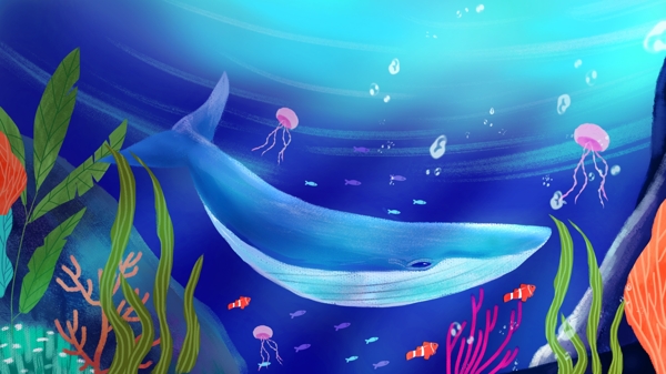 唯美海底世界深海鲸鱼手绘插画