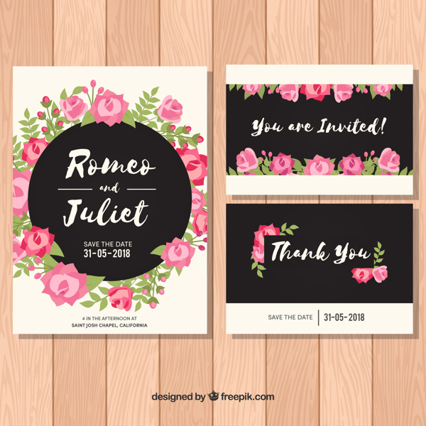 粉红色花朵装饰的婚礼邀请卡