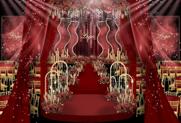 勃艮第红红色婚礼主舞台效果图
