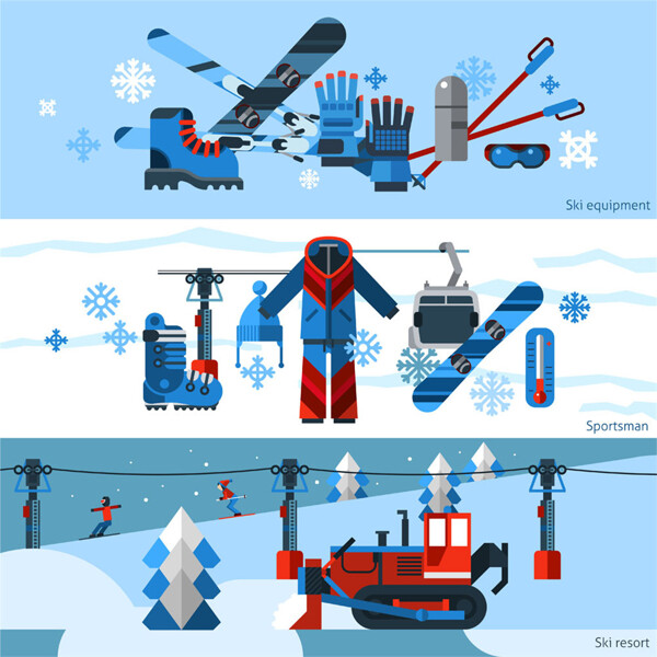 滑雪运动扁平化横幅设计图片