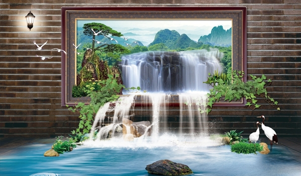 高山流水瀑布迎客松背景墙图片